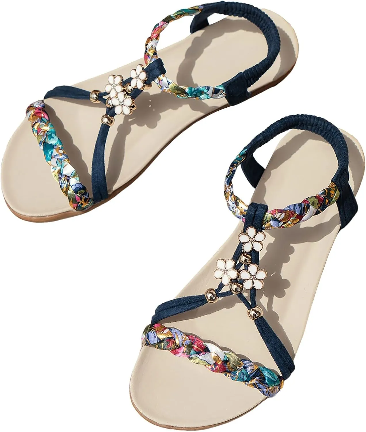 Flat Sandals For Women,Rhinestone Bohemian Braided Flat Sandals Comfortable Walking Casual Beach Ankle Elastic Summer Shoes