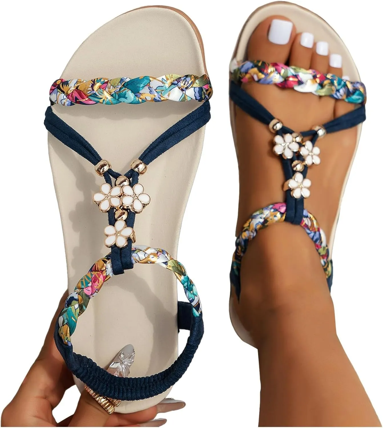 Flat Sandals For Women,Rhinestone Bohemian Braided Flat Sandals Comfortable Walking Casual Beach Ankle Elastic Summer Shoes