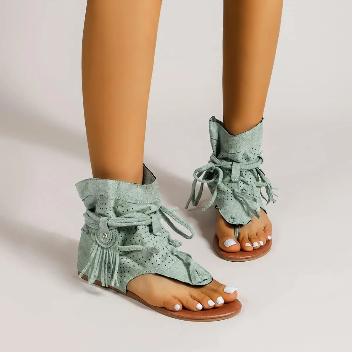 Flat Tassel Gladiator Sandals for Women Casual Summer Bohemian Back Strappy Fringe Sandals Dressy Flip Flops Thong Sandals