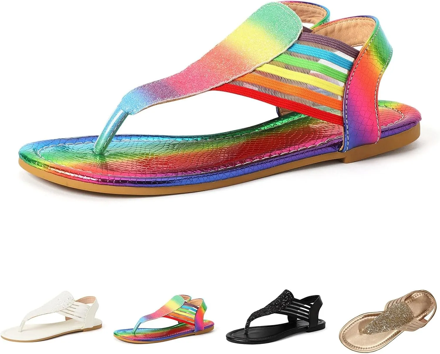 Flip Flops Sandals for Women Dressy Summer Flat Sandals Rhinestone Beaded Sandal Elastic Ankle Strap Beach Shoes