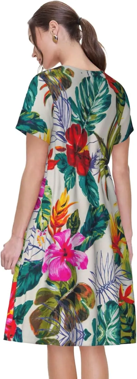 Flowers and Leaves Print Women's Short Sleeve Dress,Sundresses Summer A-Line Dress with Pockets