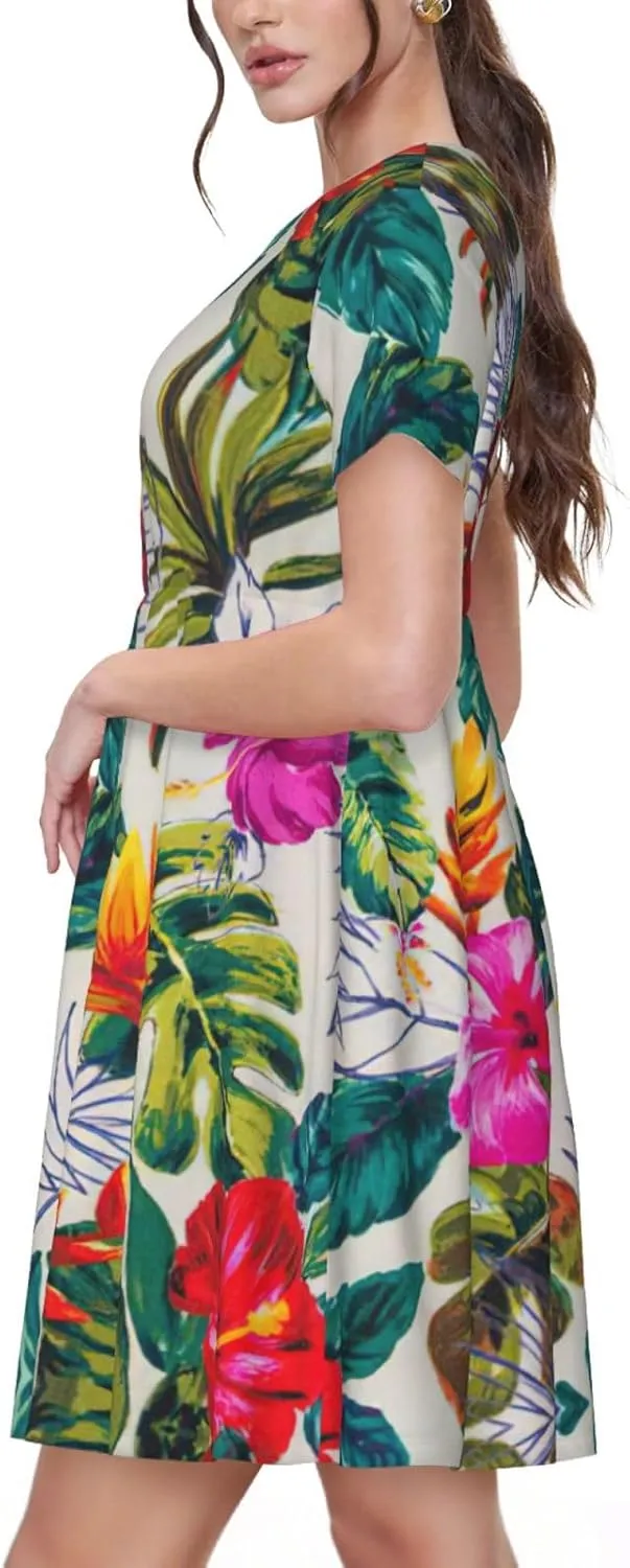 Flowers and Leaves Print Women's Short Sleeve Dress,Sundresses Summer A-Line Dress with Pockets