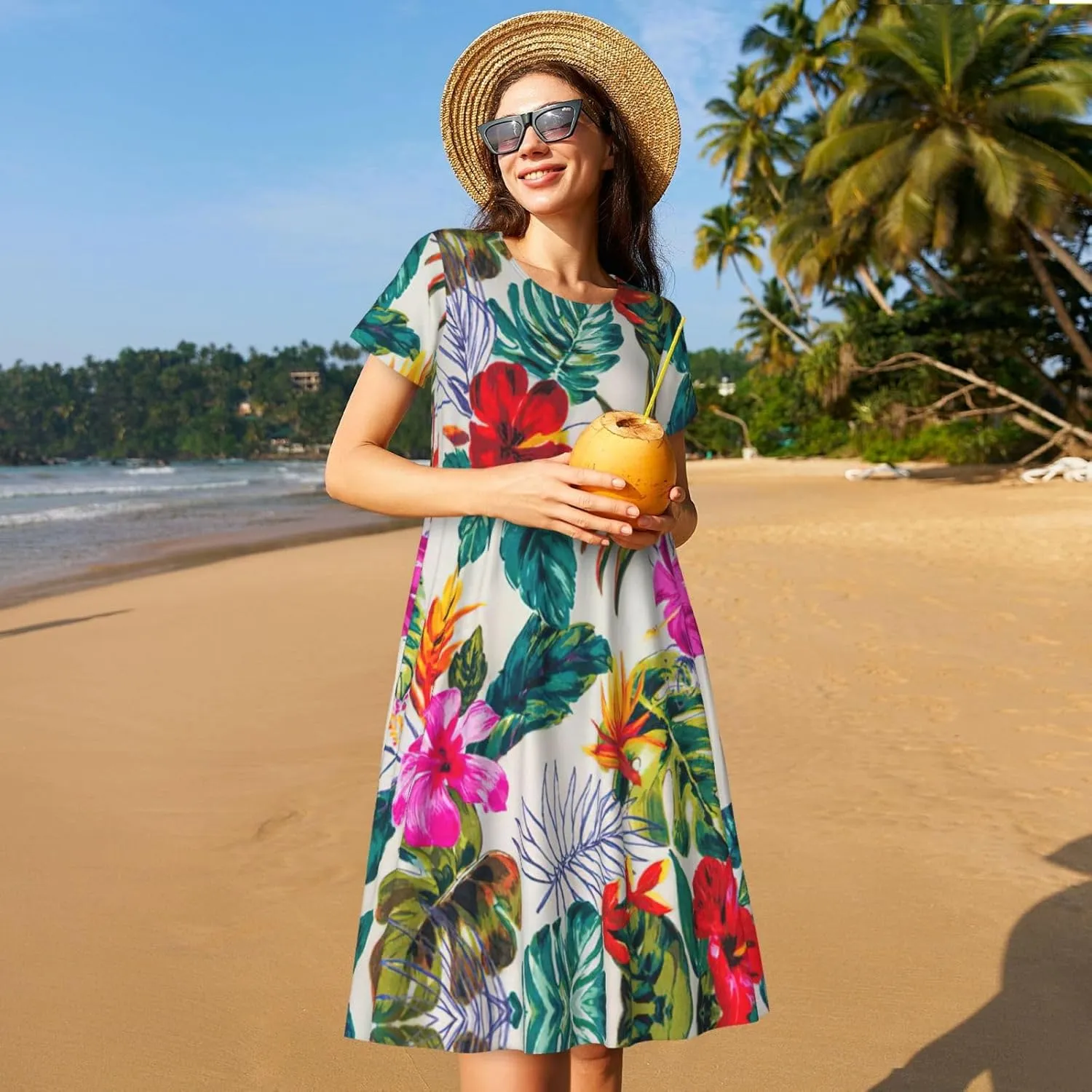 Flowers and Leaves Print Women's Short Sleeve Dress,Sundresses Summer A-Line Dress with Pockets