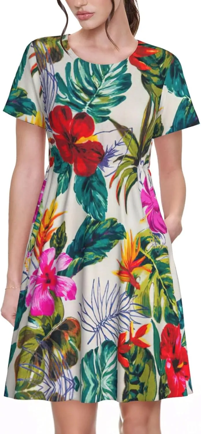 Flowers and Leaves Print Women's Short Sleeve Dress,Sundresses Summer A-Line Dress with Pockets