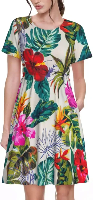 Flowers and Leaves Print Women's Short Sleeve Dress,Sundresses Summer A-Line Dress with Pockets