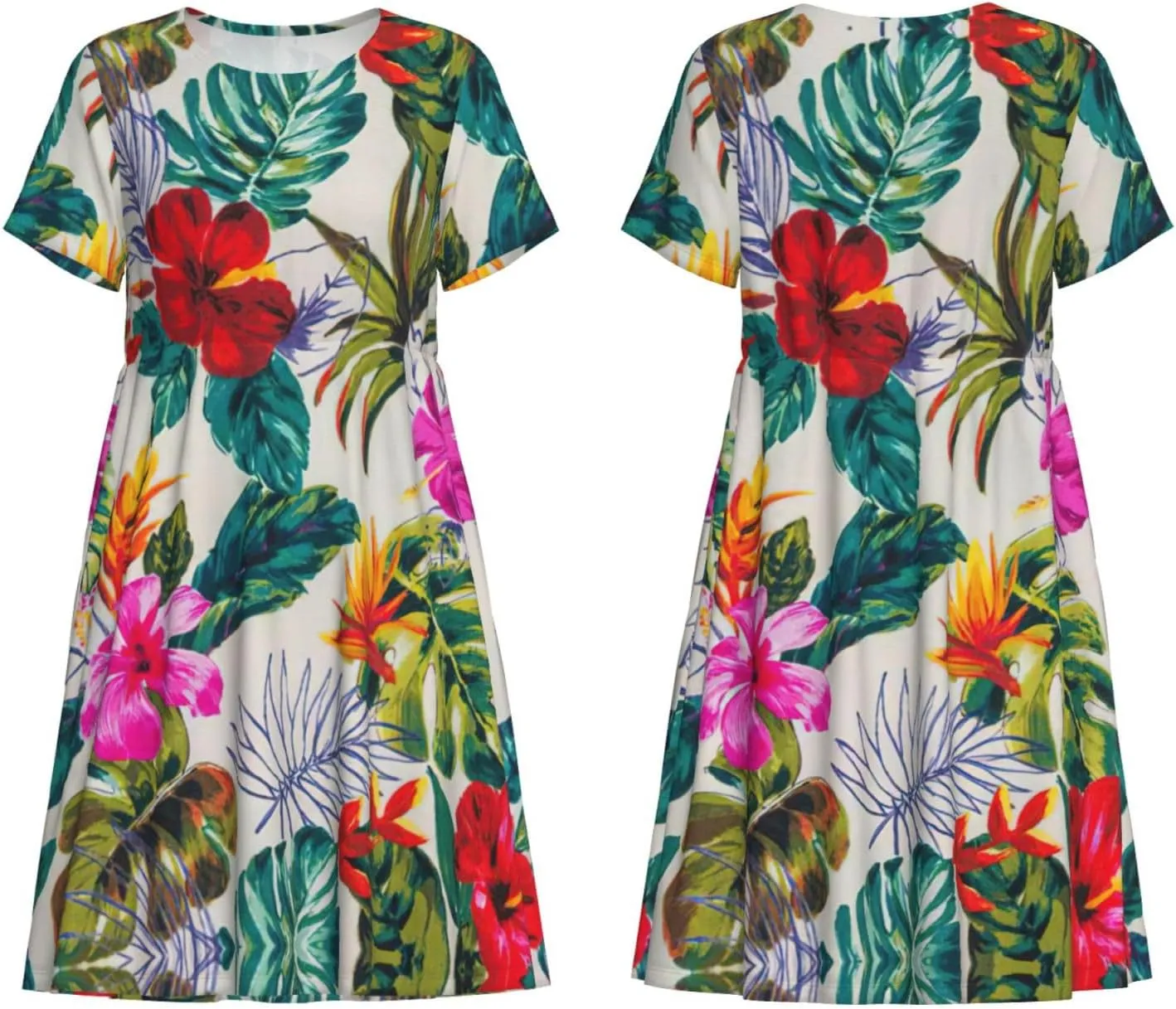 Flowers and Leaves Print Women's Short Sleeve Dress,Sundresses Summer A-Line Dress with Pockets