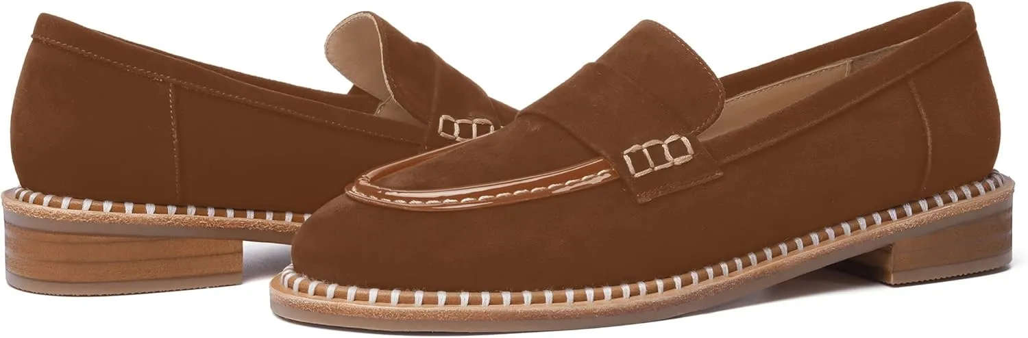 FOGEENA Womens Penny Round Toe Casual Fashion Slip On Suede Leather Chunky Low Heel Loafers Dress Shoes 1 Inch