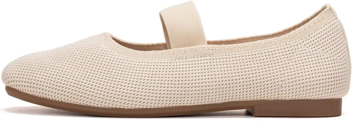 Frank Mully Women's Ballet Flats Slip on Casual Knitted Fabric Shoes Square-Toe Flats with Elastic Straps for Women