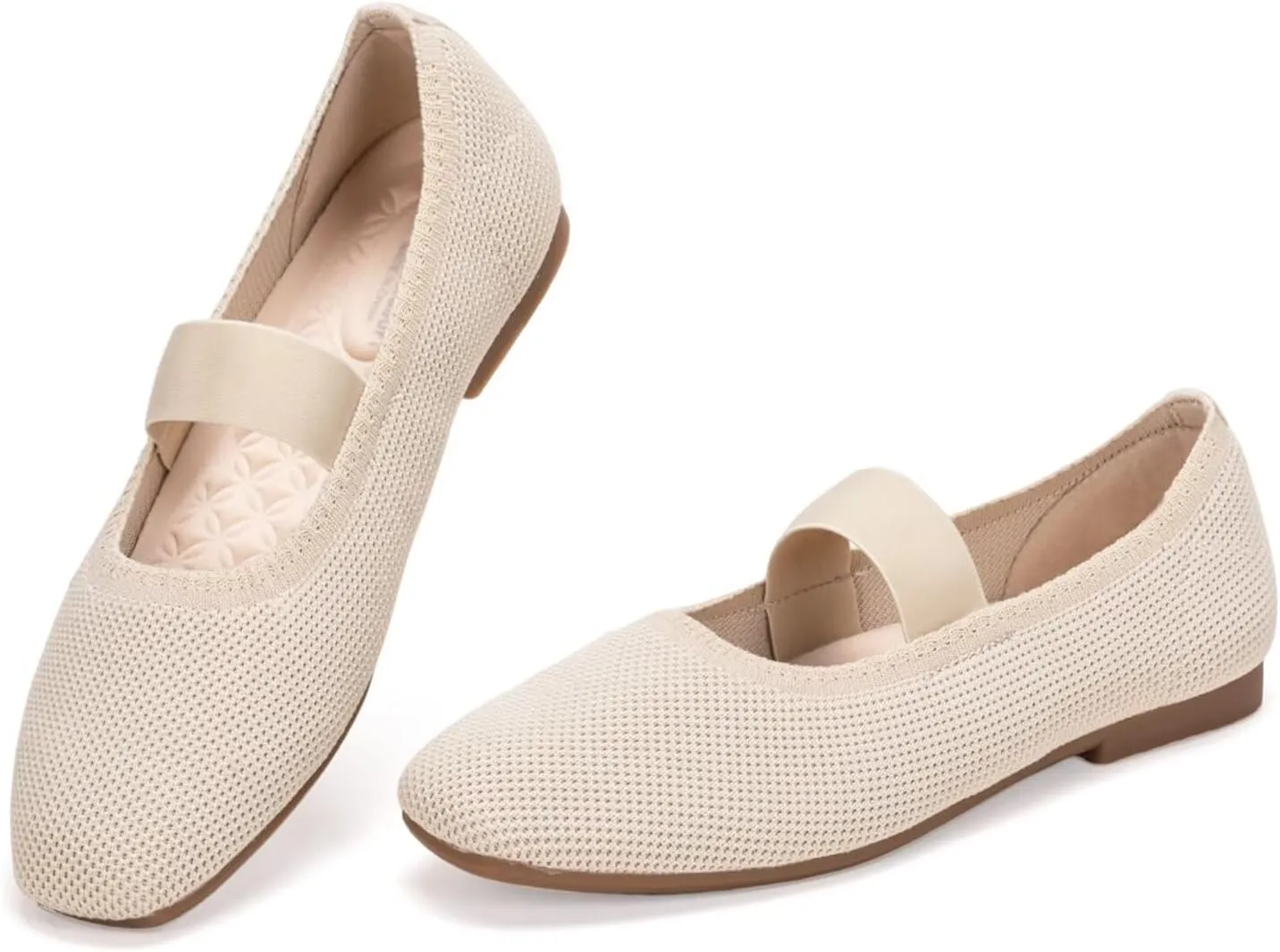 Frank Mully Women's Ballet Flats Slip on Casual Knitted Fabric Shoes Square-Toe Flats with Elastic Straps for Women