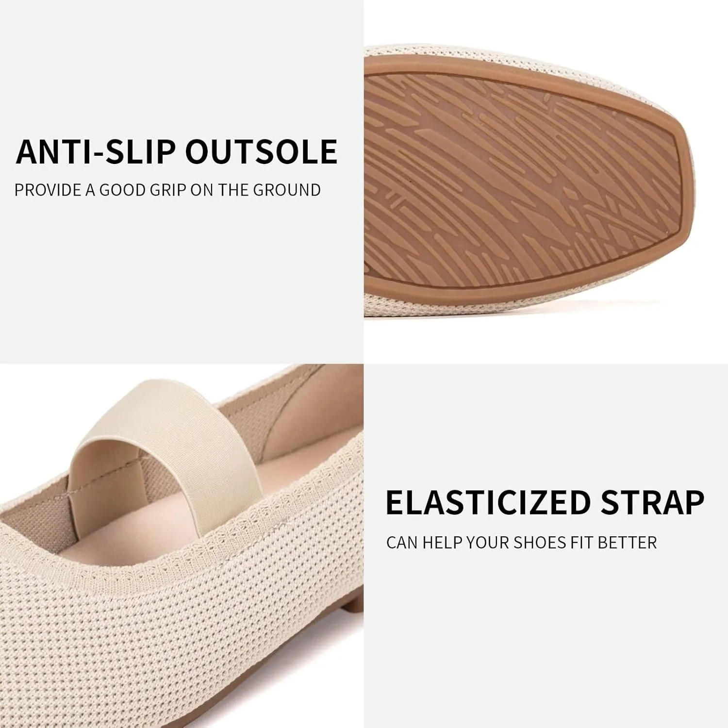 Frank Mully Women's Ballet Flats Slip on Casual Knitted Fabric Shoes Square-Toe Flats with Elastic Straps for Women