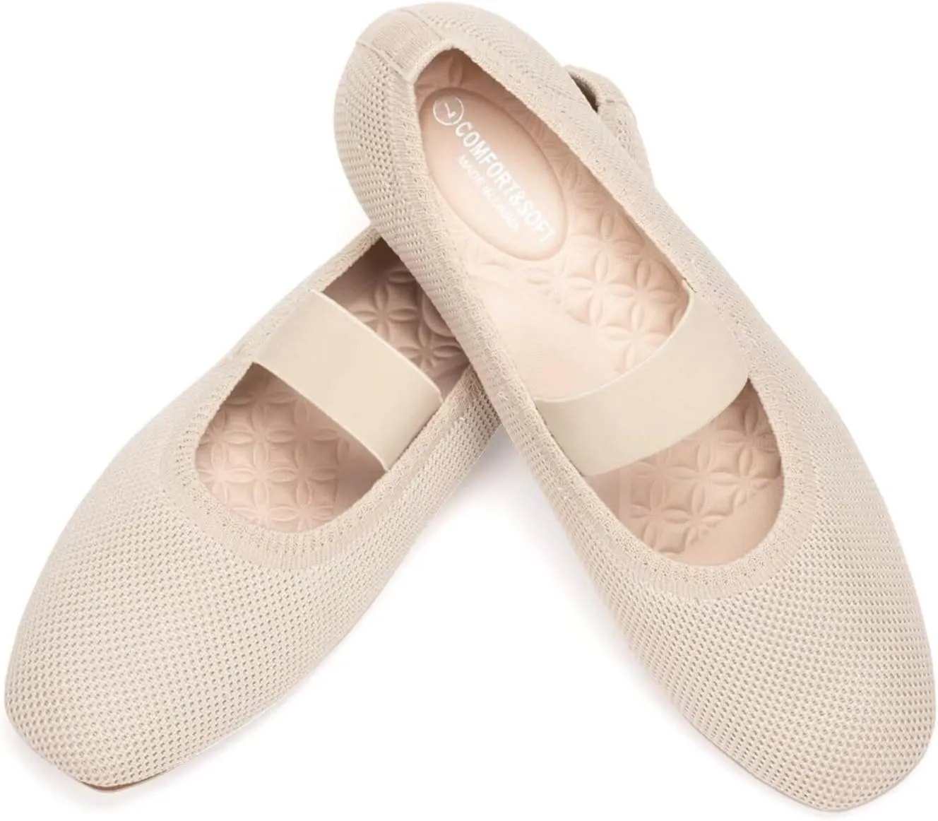 Frank Mully Women's Ballet Flats Slip on Casual Knitted Fabric Shoes Square-Toe Flats with Elastic Straps for Women