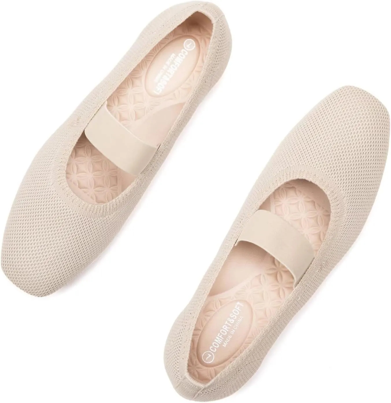 Frank Mully Women's Ballet Flats Slip on Casual Knitted Fabric Shoes Square-Toe Flats with Elastic Straps for Women