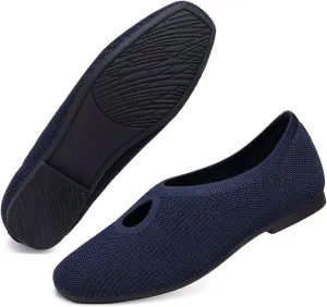 Frank Mully Women's Knit Flats Teardrop Upper Square-Toe Style Shoes Lightweight Flats for Women Comfortable Slip on Flats for Work Wedding Office