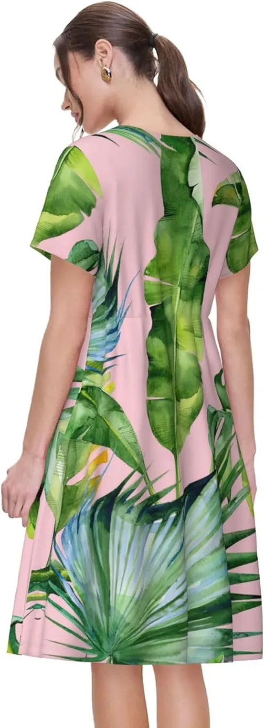 Fresh Banana Leaves Print Women's Short Sleeve Dress,Sundresses Summer A-Line Dress with Pockets