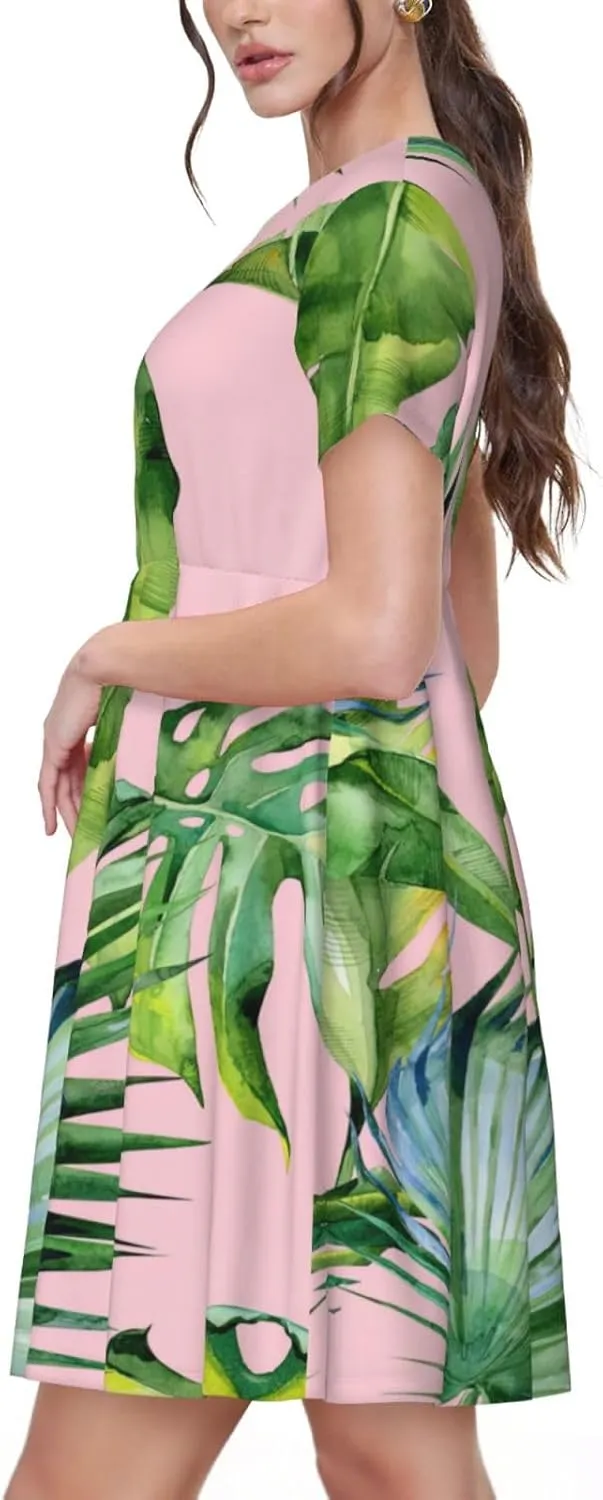 Fresh Banana Leaves Print Women's Short Sleeve Dress,Sundresses Summer A-Line Dress with Pockets