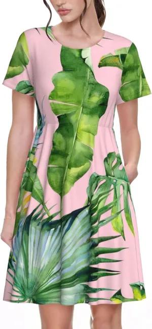 Fresh Banana Leaves Print Women's Short Sleeve Dress,Sundresses Summer A-Line Dress with Pockets