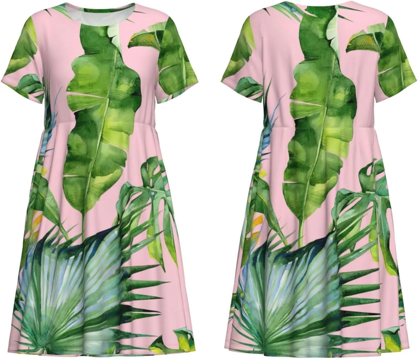 Fresh Banana Leaves Print Women's Short Sleeve Dress,Sundresses Summer A-Line Dress with Pockets