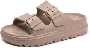 FUNKYMONKEY Women's Comfort Slides Double Buckle Adjustable Plastics Flat Sandals