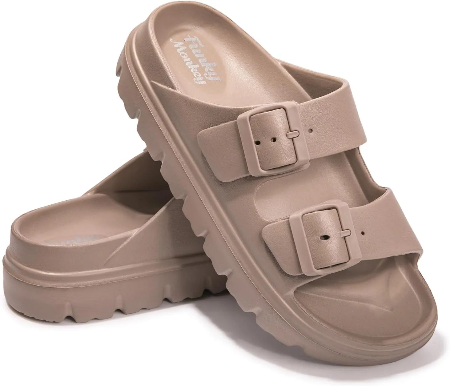 FUNKYMONKEY Women's Comfort Slides Double Buckle Adjustable Plastics Flat Sandals