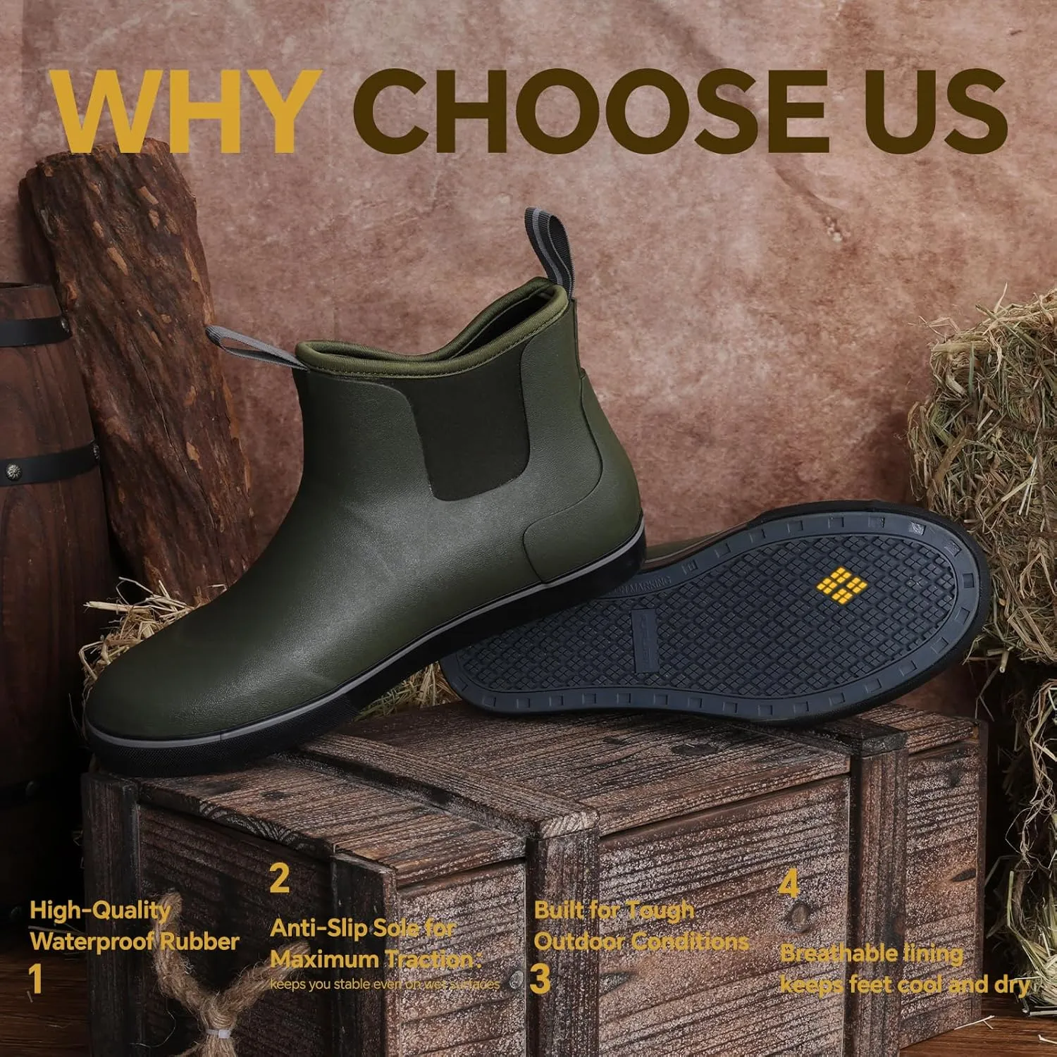 Furuian Men's Deck Boots Fishing Boots Waterproof Rain Boots Ankle Booties Slip On Neoprene Rubber Footwear Chelsea Boots Men botas para hombre for Gardening Fishing Boating Camping Sailing