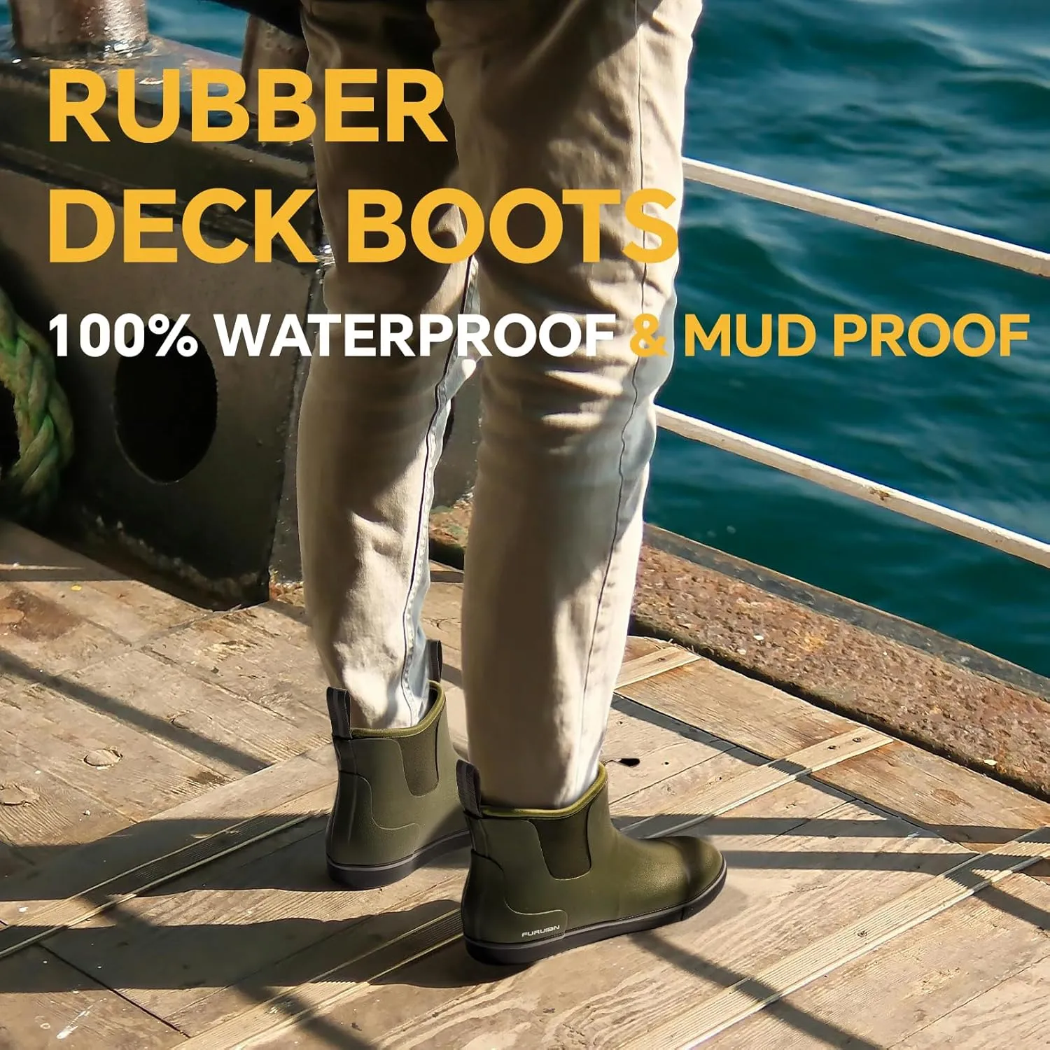 Furuian Men's Deck Boots Fishing Boots Waterproof Rain Boots Ankle Booties Slip On Neoprene Rubber Footwear Chelsea Boots Men botas para hombre for Gardening Fishing Boating Camping Sailing