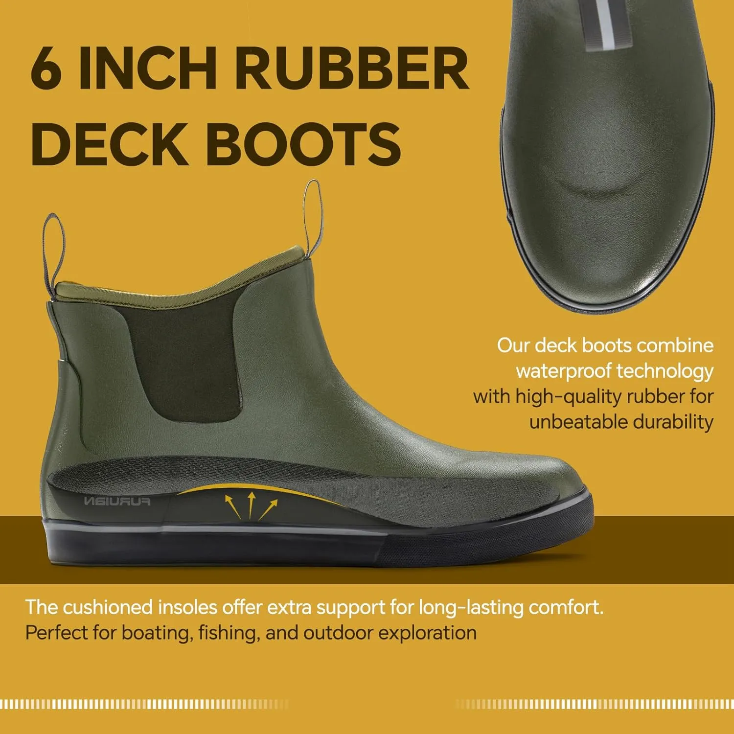 Furuian Men's Deck Boots Fishing Boots Waterproof Rain Boots Ankle Booties Slip On Neoprene Rubber Footwear Chelsea Boots Men botas para hombre for Gardening Fishing Boating Camping Sailing