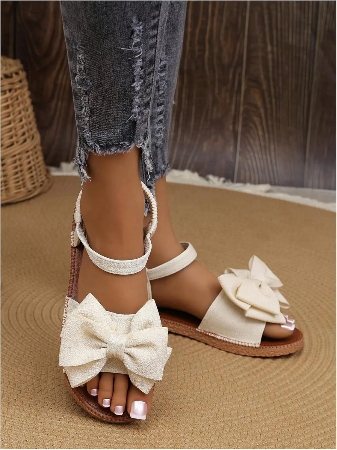 GORGLITTER Women's Bow Flat Sandals 2025 Dressy Open Toe Ankle Strap Summer Vacation Slides Shoes