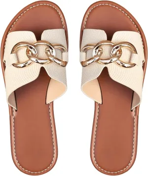 GORGLITTER Women's H Leather Sandals Dressy Metal Chain Round Open Toe Slip On Slides Summer Beach Flat Sandals
