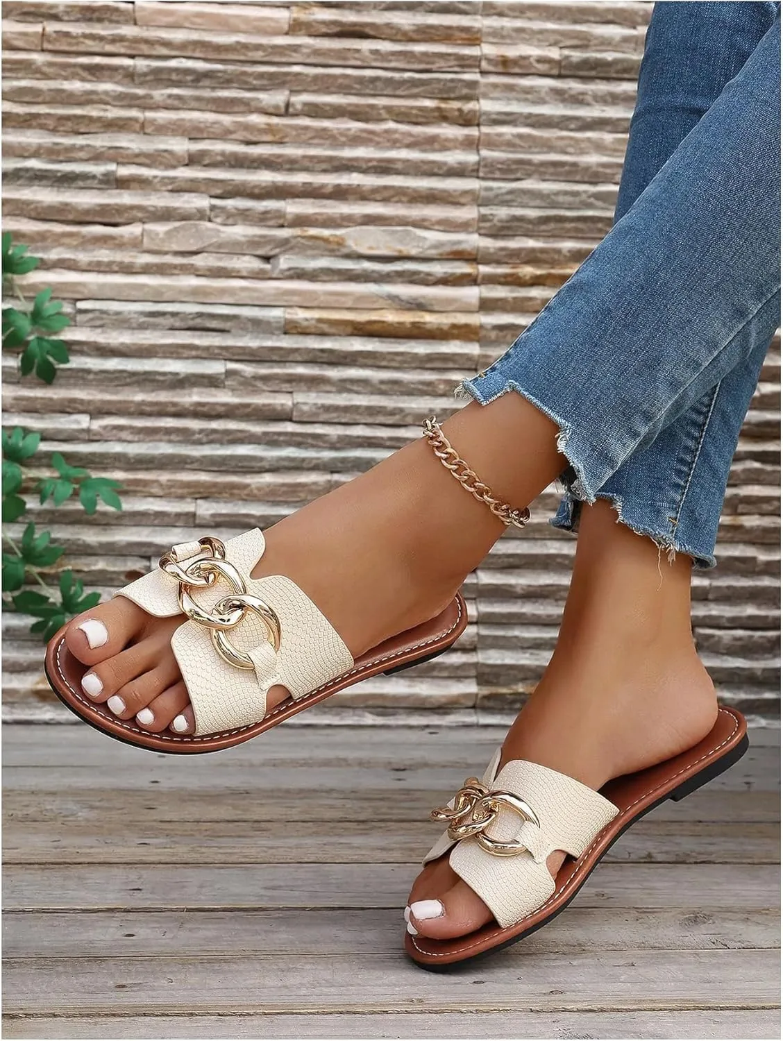 GORGLITTER Women's H Leather Sandals Dressy Metal Chain Round Open Toe Slip On Slides Summer Beach Flat Sandals