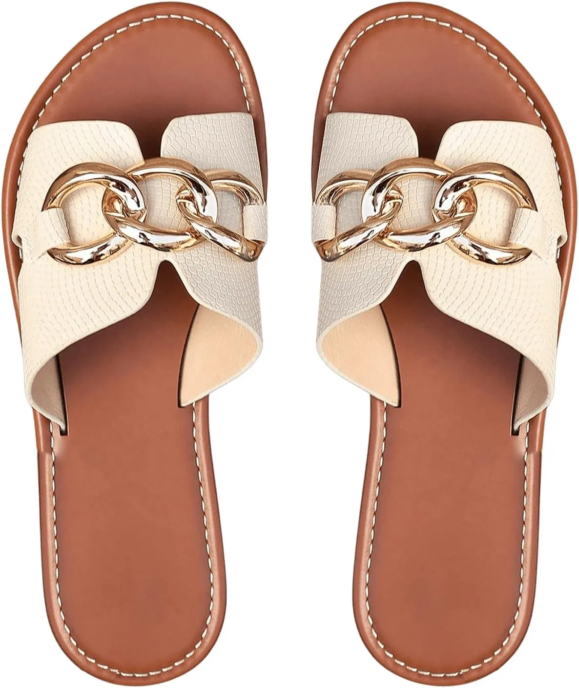 GORGLITTER Women's H Leather Sandals Dressy Metal Chain Round Open Toe Slip On Slides Summer Beach Flat Sandals