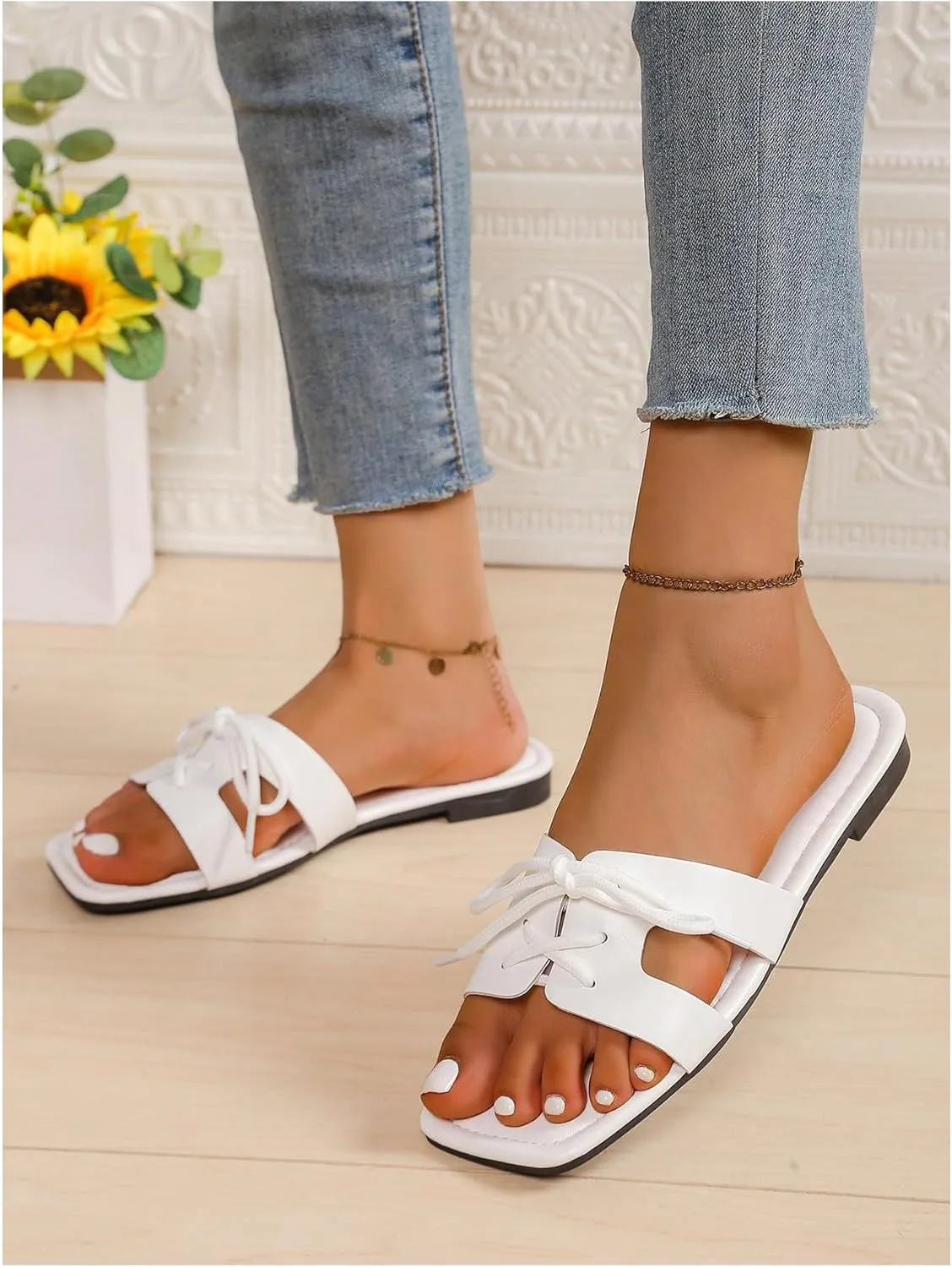 GORGLITTER Women's H Sandals Bow Flats Dress Tied Slip on Slide Flip Flops