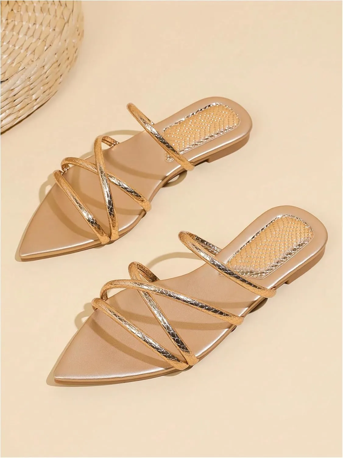 GORGLITTER Women's Metallic Sandals Open Toe Flat Strappy Dressy Fancy Slide Sandals