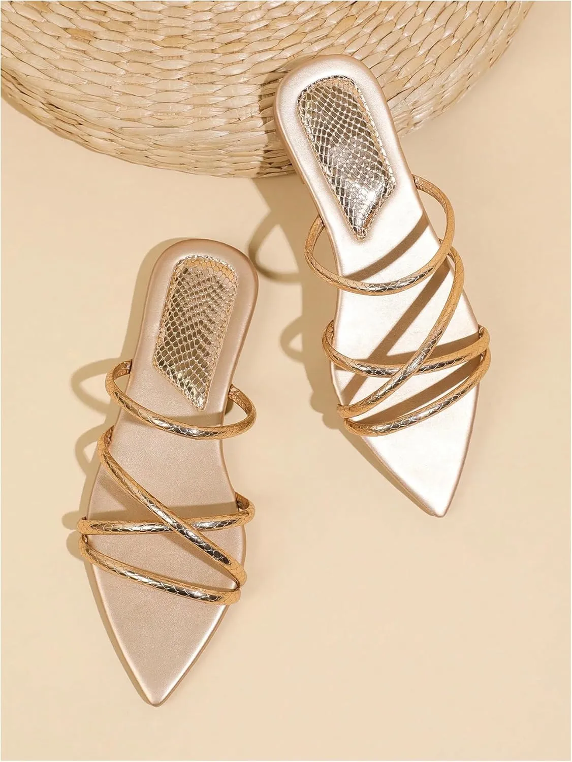 GORGLITTER Women's Metallic Sandals Open Toe Flat Strappy Dressy Fancy Slide Sandals