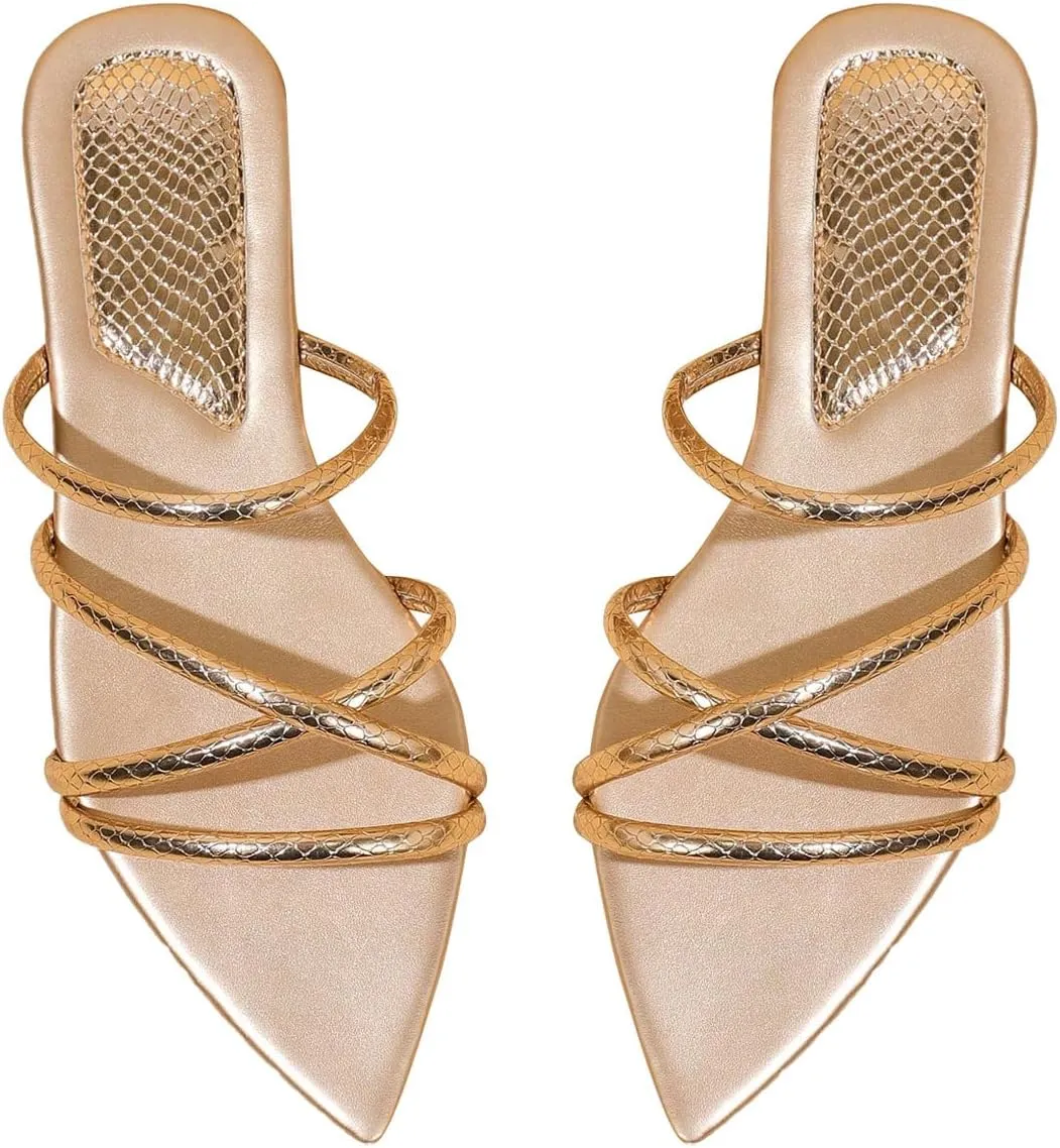 GORGLITTER Women's Metallic Sandals Open Toe Flat Strappy Dressy Fancy Slide Sandals
