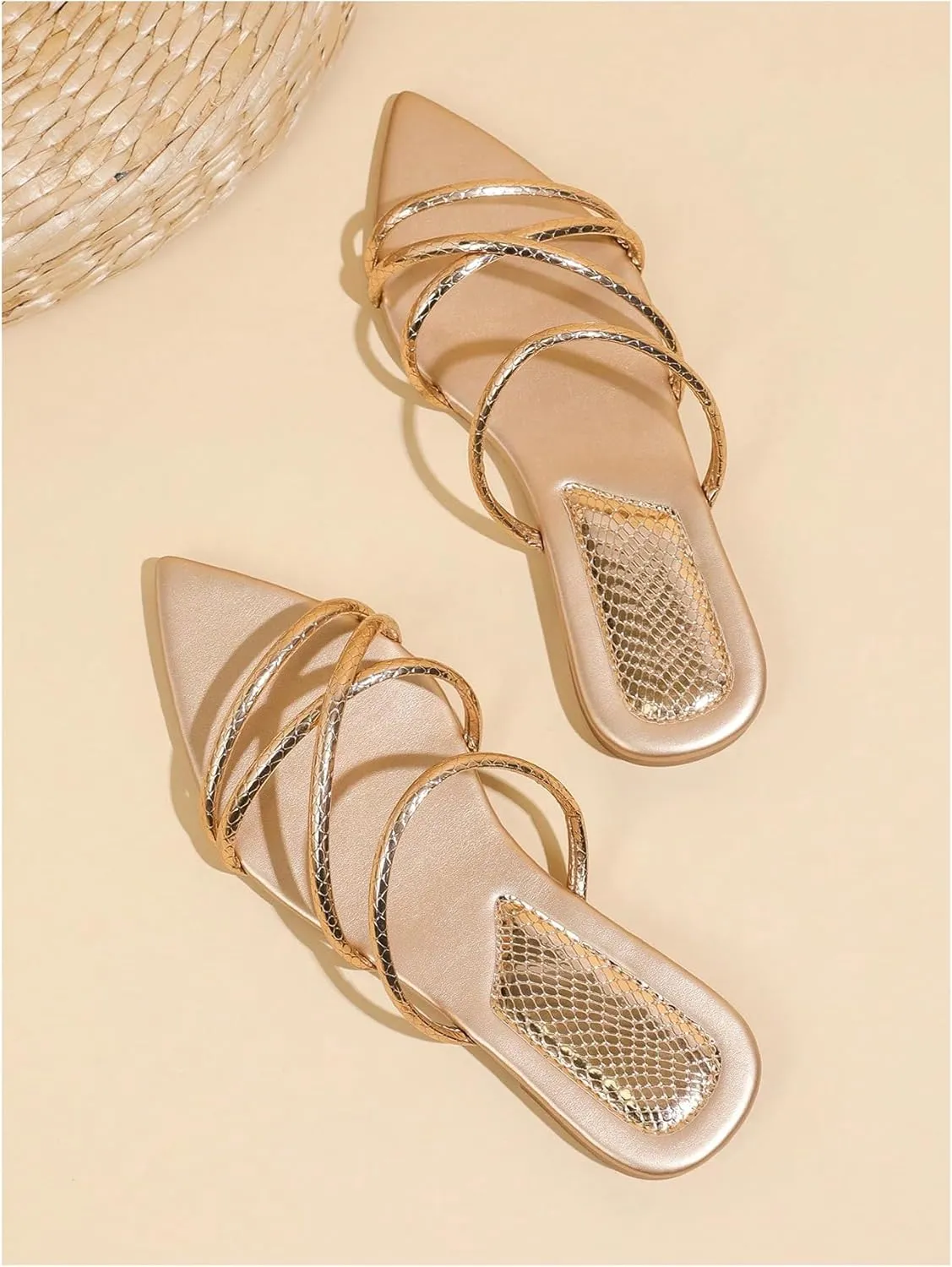 GORGLITTER Women's Metallic Sandals Open Toe Flat Strappy Dressy Fancy Slide Sandals