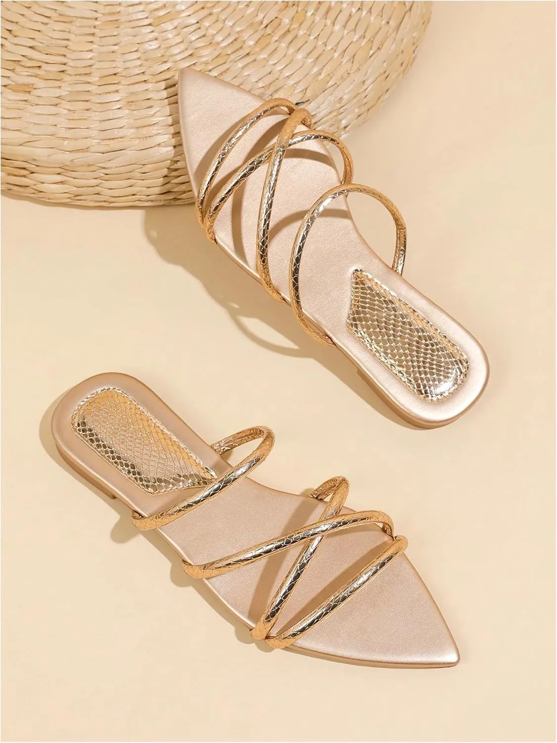 GORGLITTER Women's Metallic Sandals Open Toe Flat Strappy Dressy Fancy Slide Sandals