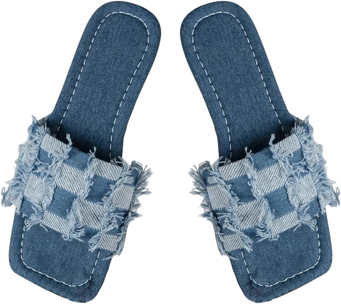 GORGLITTER Women's Ripped Denim Slides Plaid Square Open Toe Jean Sandals