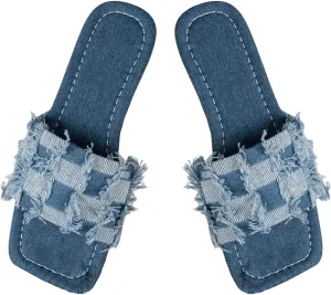 GORGLITTER Women's Ripped Denim Slides Plaid Square Open Toe Jean Sandals