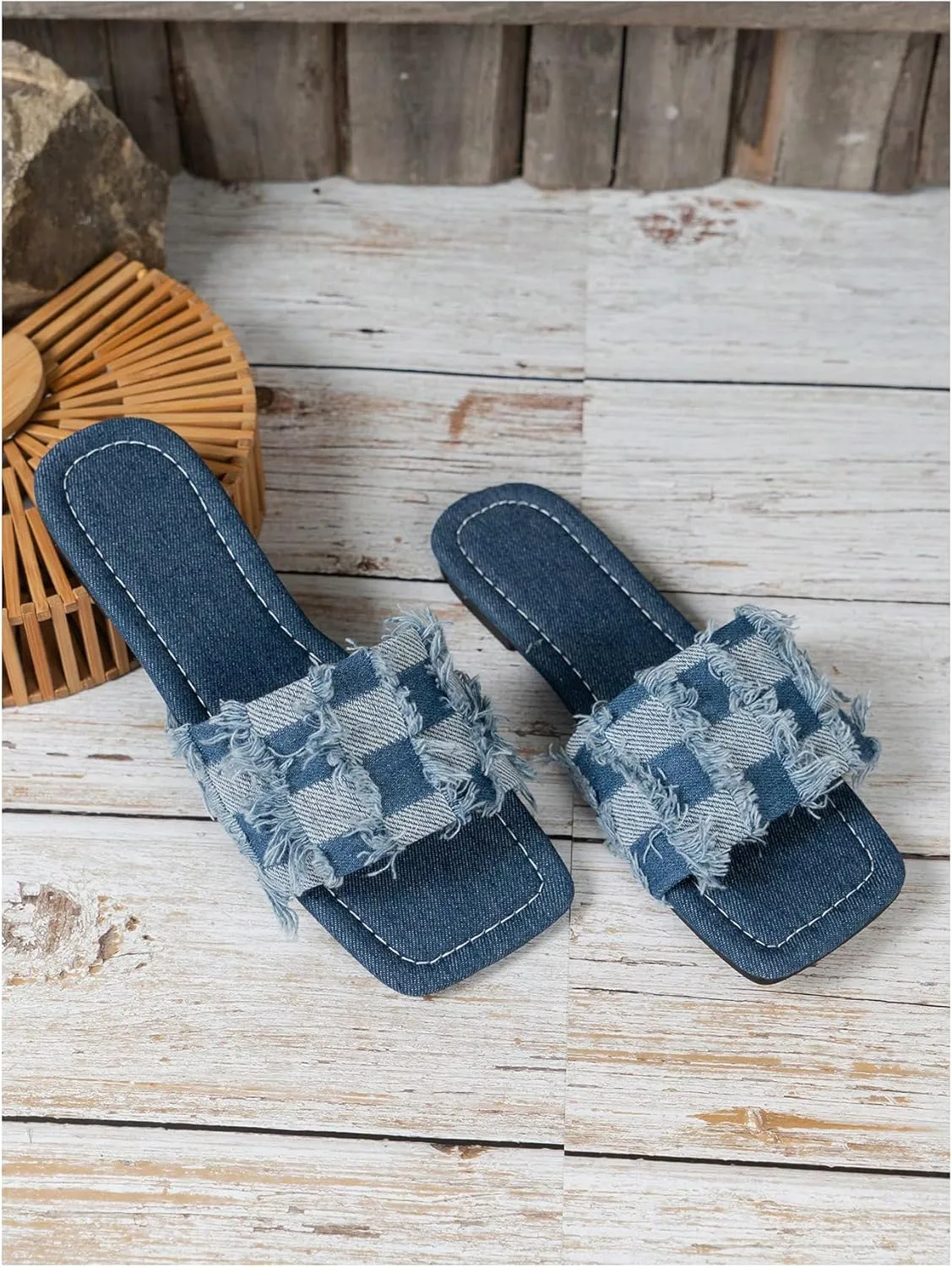 GORGLITTER Women's Ripped Denim Slides Plaid Square Open Toe Jean Sandals