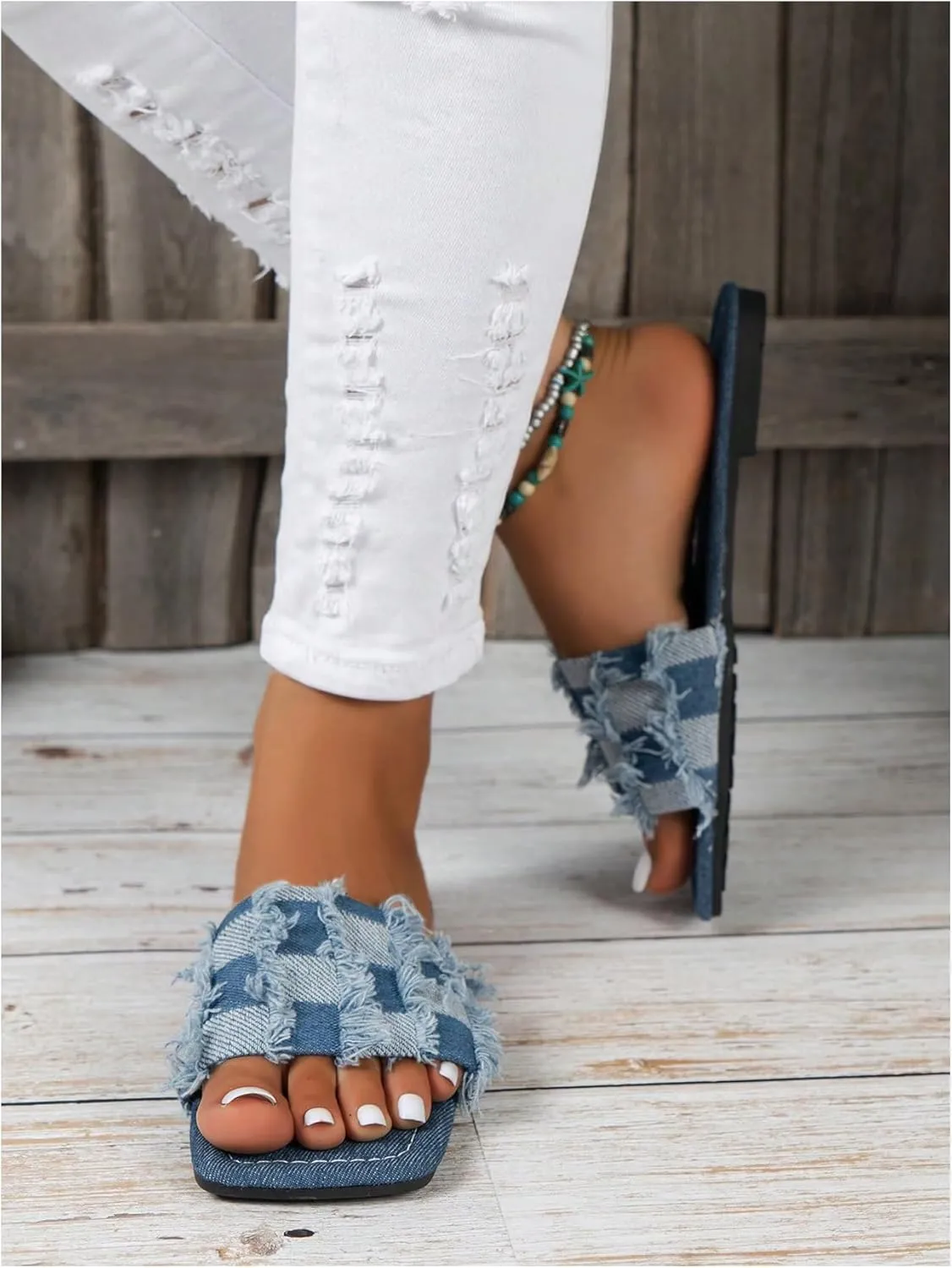 GORGLITTER Women's Ripped Denim Slides Plaid Square Open Toe Jean Sandals
