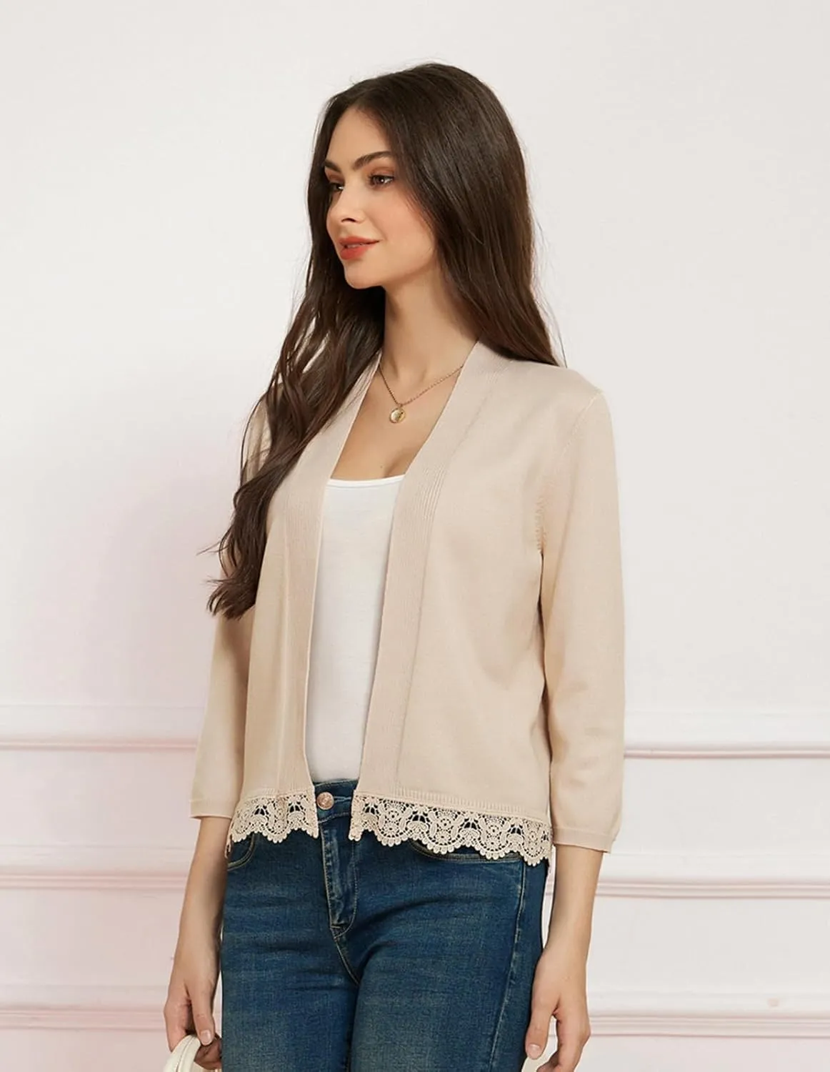 GRACE KARIN Women 3/4 Sleeve Cropped Cardigan Open Front V Neck Lace Lightweight Bolero Short Shrugs 2025 Summer