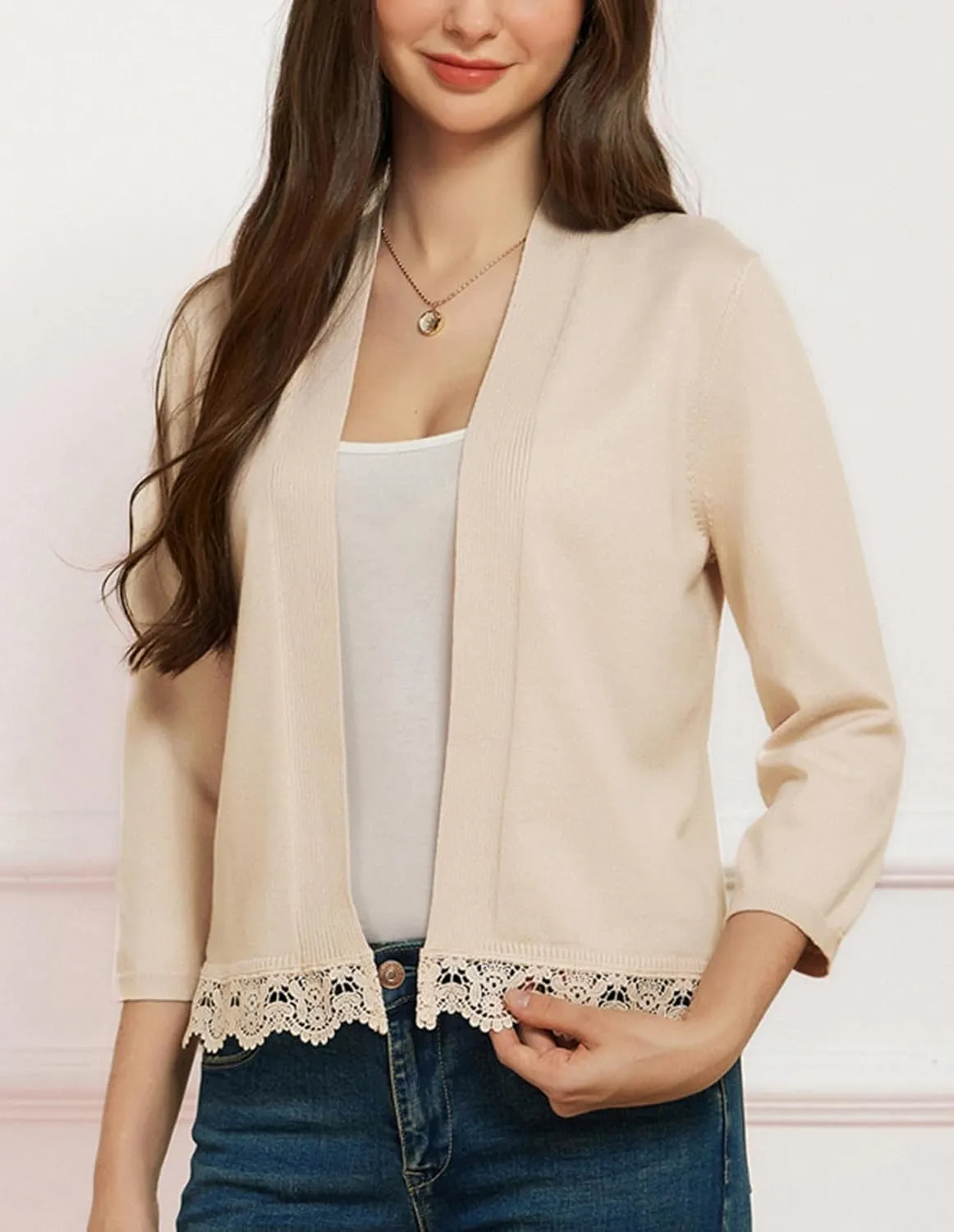 GRACE KARIN Women 3/4 Sleeve Cropped Cardigan Open Front V Neck Lace Lightweight Bolero Short Shrugs 2025 Summer