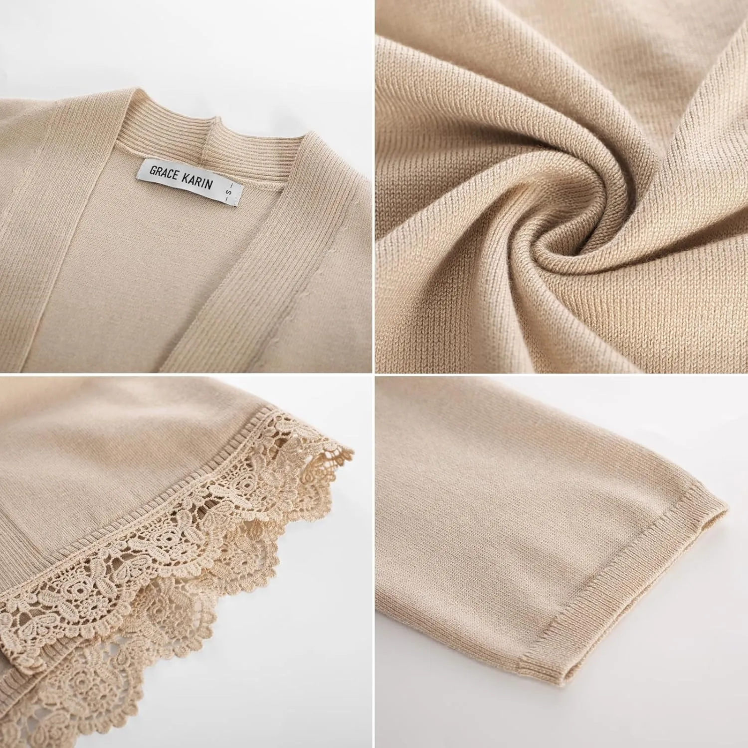 GRACE KARIN Women 3/4 Sleeve Cropped Cardigan Open Front V Neck Lace Lightweight Bolero Short Shrugs 2025 Summer