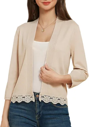 GRACE KARIN Women 3/4 Sleeve Cropped Cardigan Open Front V Neck Lace Lightweight Bolero Short Shrugs 2025 Summer