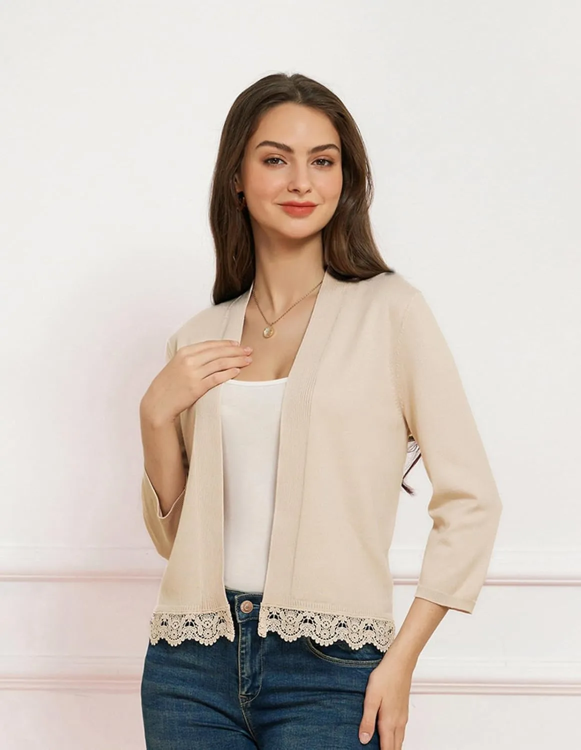 GRACE KARIN Women 3/4 Sleeve Cropped Cardigan Open Front V Neck Lace Lightweight Bolero Short Shrugs 2025 Summer