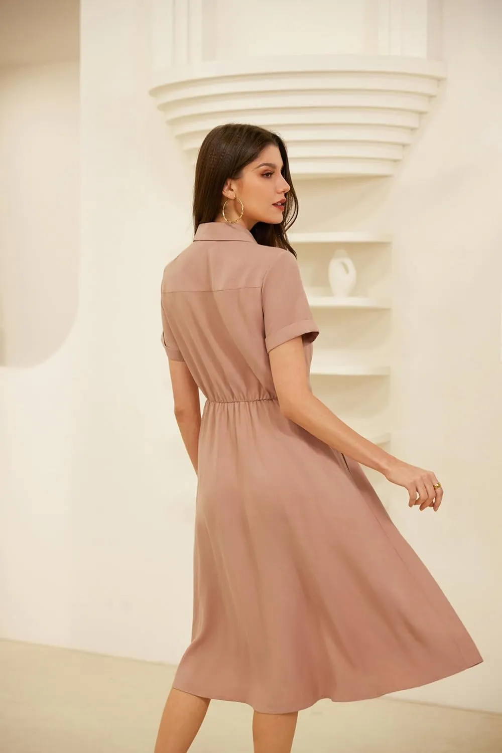 GRACE KARIN Womens Linen Dresses Summer Casual Flowy Collar Button Down Dress Front Tie Short Sleeve Pockets Midi Work Dress