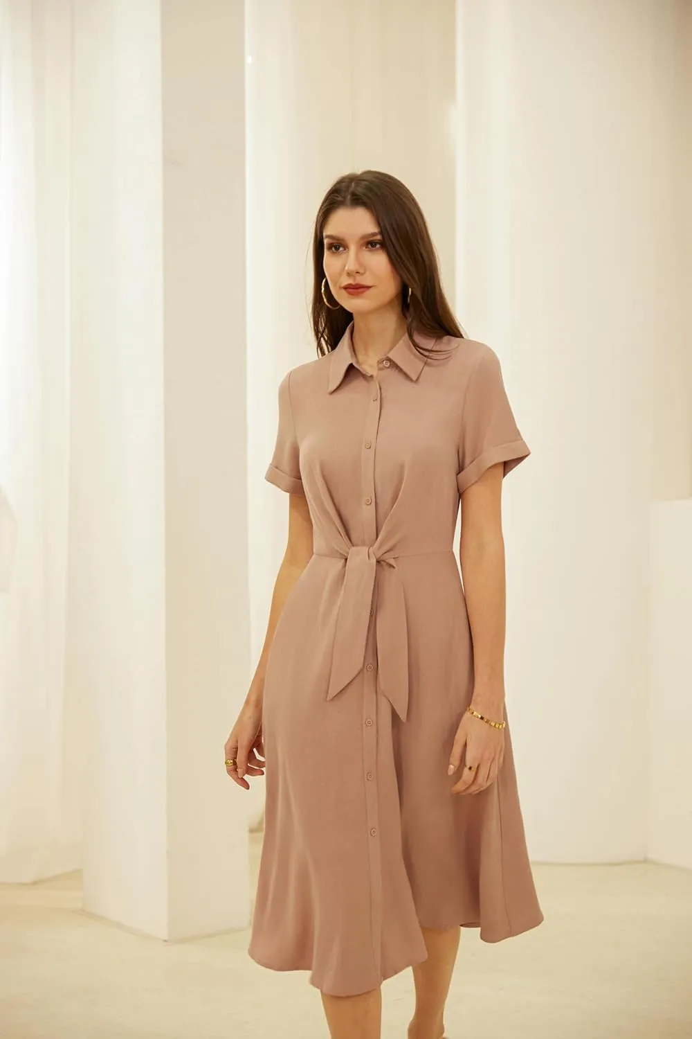 GRACE KARIN Womens Linen Dresses Summer Casual Flowy Collar Button Down Dress Front Tie Short Sleeve Pockets Midi Work Dress
