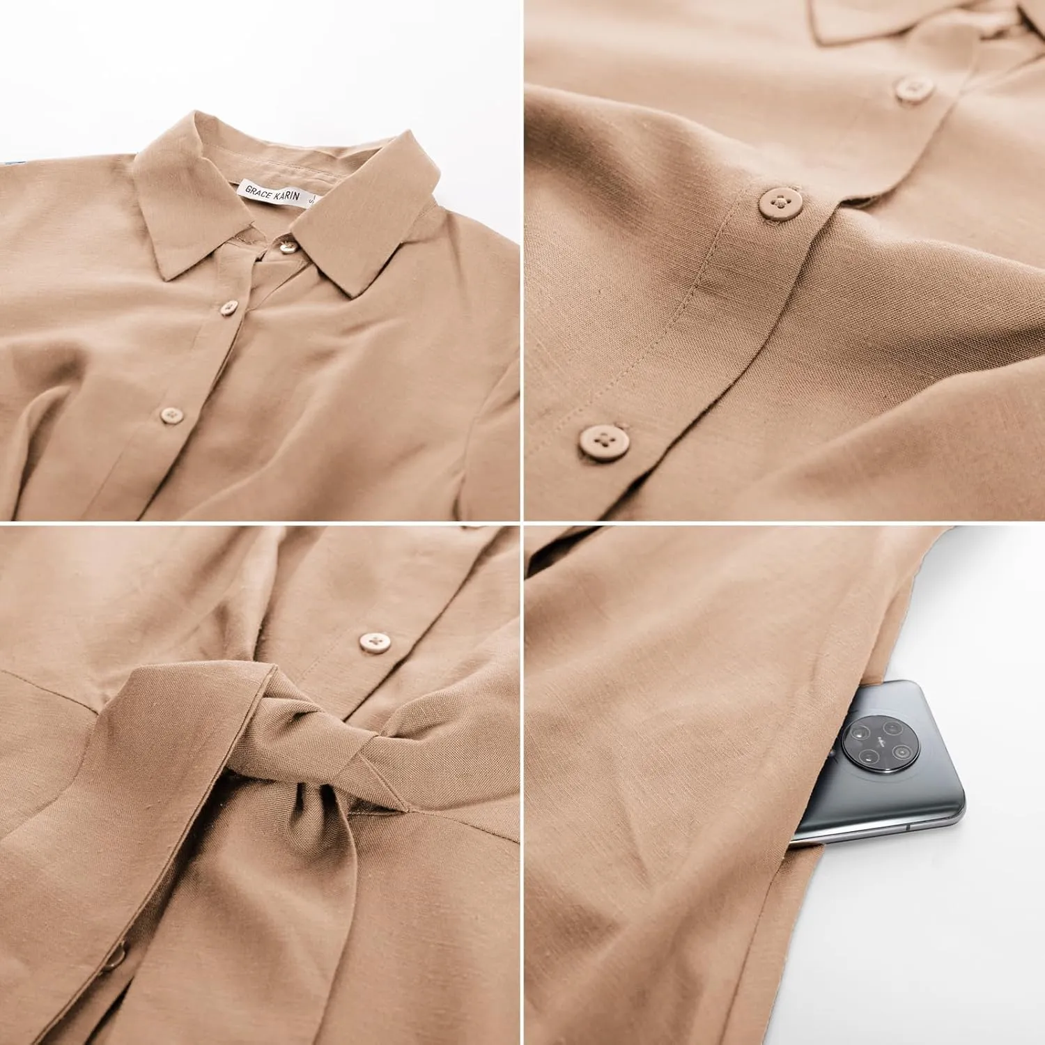 GRACE KARIN Womens Linen Dresses Summer Casual Flowy Collar Button Down Dress Front Tie Short Sleeve Pockets Midi Work Dress