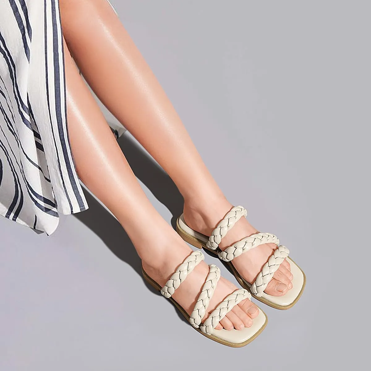 Greatonu Women's Square Toe Braided Flat Sandals Dressy Summer Open Toe Slides Sandals for Women 2025 Strappy Slip On Woven Sandals