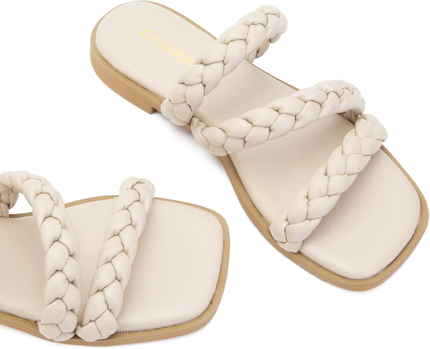 Greatonu Women's Square Toe Braided Flat Sandals Dressy Summer Open Toe Slides Sandals for Women 2025 Strappy Slip On Woven Sandals